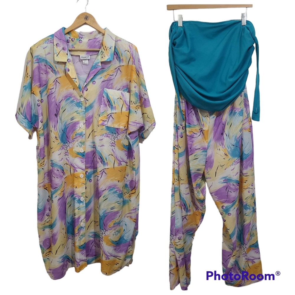 Vintage Plus Size Multi-color Print 2-Piece Halter Jumpsuit and Cover Size 3X